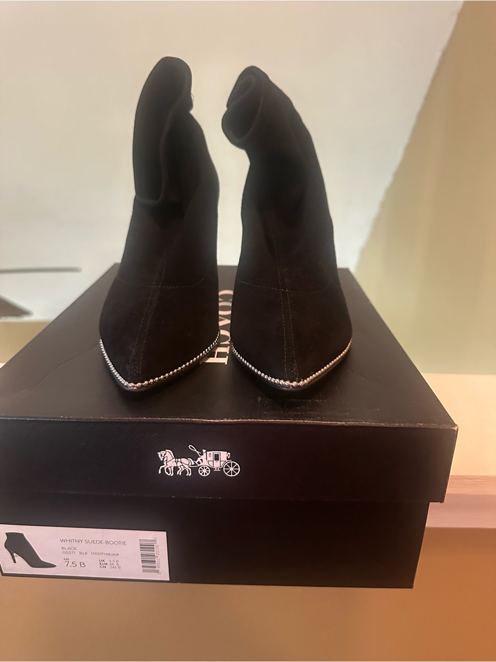 Coach Black Suede Pointed Crystal-Trim Ankle Booties